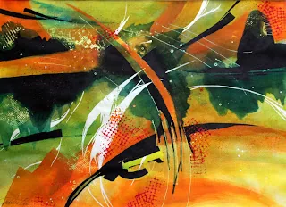 An abstract painting in orange, green and white, from Christine Zane's artwork.