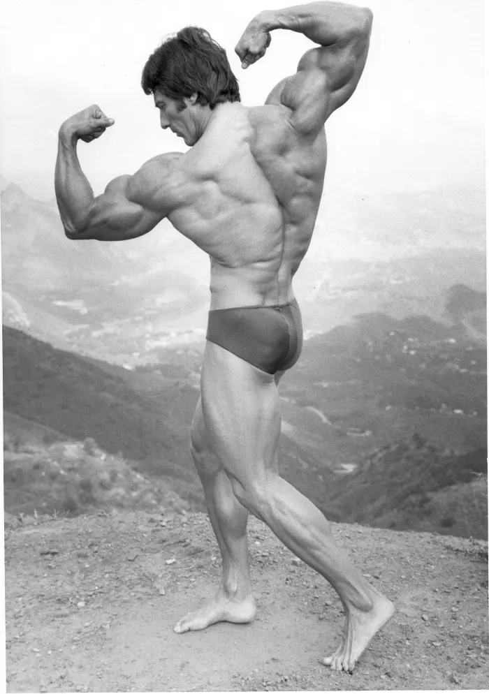 A dynamic back-bicep pose on a mountain overlook, black-and-white with a sweeping valley vista behind him.