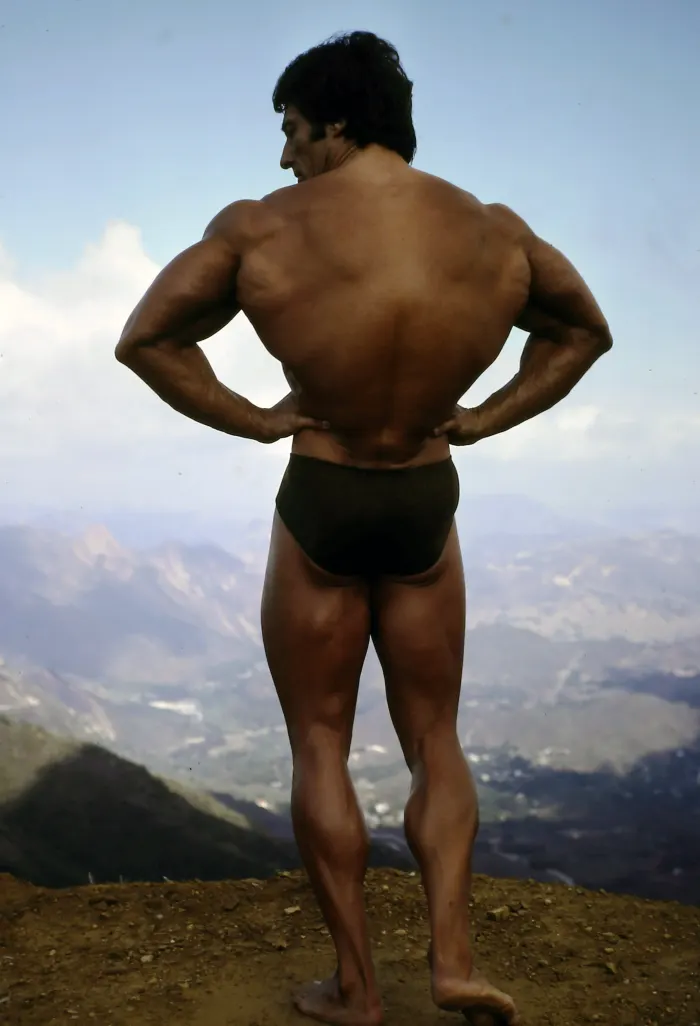 Facing away into the mountain vista, hands on hips, a sculptural back caught in warm light.