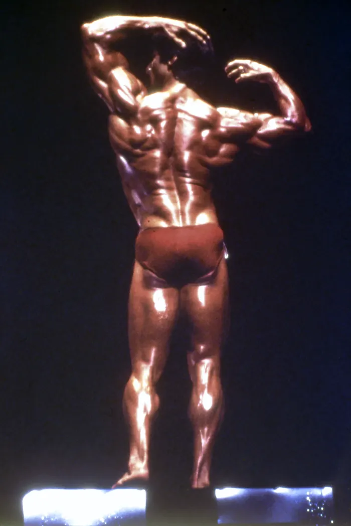 The companion silhouette shot from behind, a dramatic back double-biceps pose equally arresting.