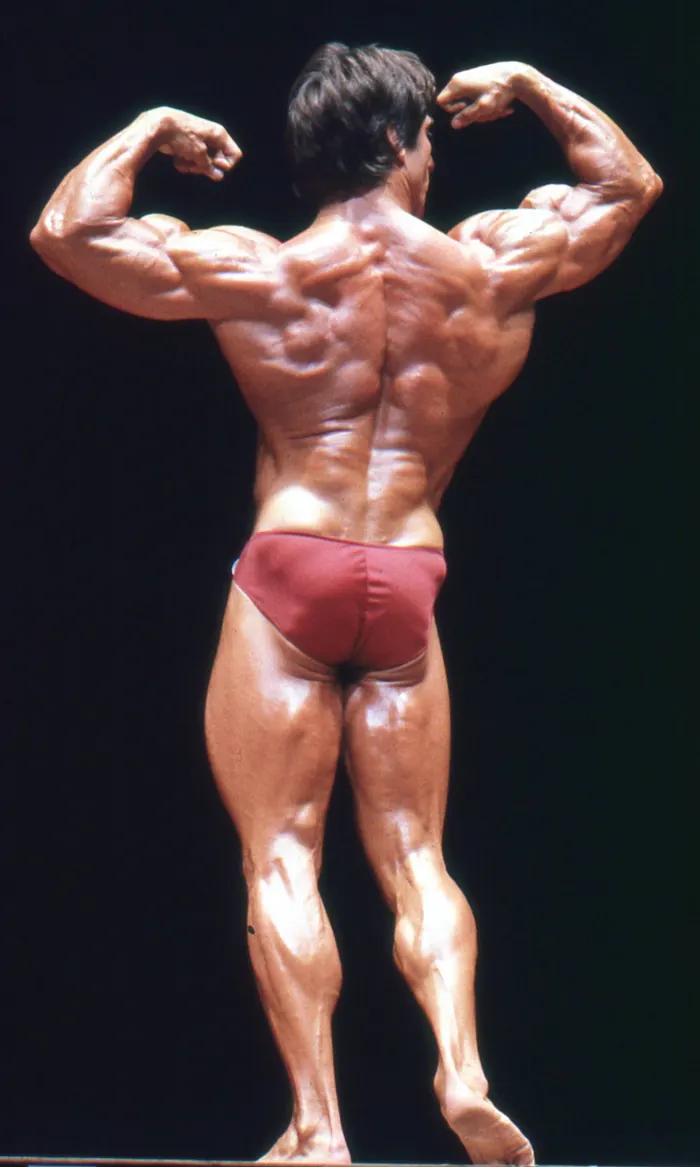 A sharp, clean-background competition-stage rear double-biceps pose with exceptional muscle detail and symmetry.