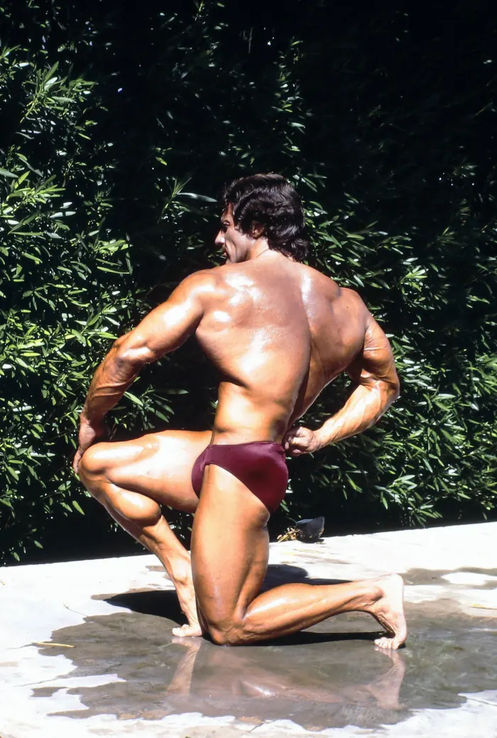 A dynamic lunging side-chest pose on the Olympia stage with IFBB signage visible.