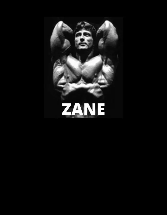A bold black-and-white book cover with a dramatic overhead double-biceps pose and 'ZANE' title card.